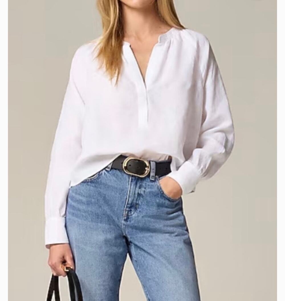 J Crew Cabana White 100% Linen Open V Neck Long Sleeve Top Women Size Small